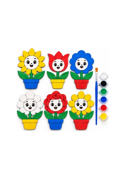 Çocuklar İçin Ahşap Çiçek Boyama Seti 6 Desen 17 Cm Mdf