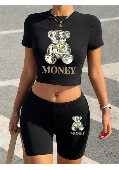 Tarzsokak Seksi Süper Zengin Karikatür Ayı Baskılı Babby Teet-shirt Şort Kadın İki Parçalı Set Üstleri Pant Siyah