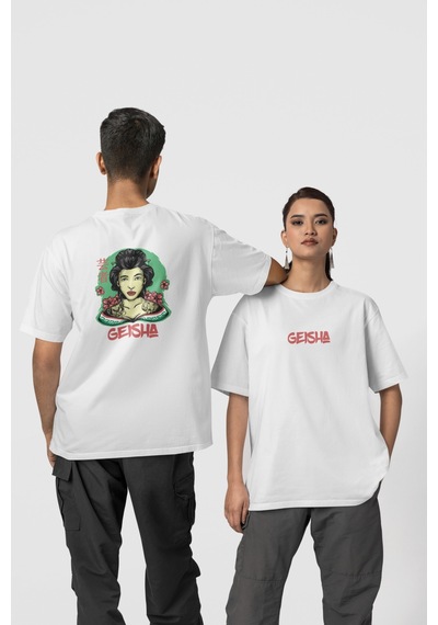 Geyşa Kadın Ön-arka Baskılı %100 Pamuk Beyaz Kadın/erkek Unisex Rahat Kalıp Oversize T-shirt Beyaz