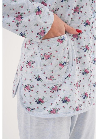 Mecit Pijama Mecit 6315 Mavi Kadın Boydan Düğmeli Büyük Beden Pijama Takımı Mavi