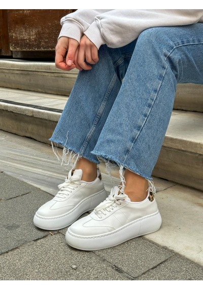 Erva'nın Butiği Beyaz Cilt Leoy Leopar Bağcıklı Kadın Sneakers-5724