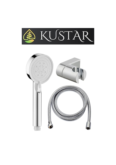 Kustar 5 Fonksiyon Royal Duş Başlığı L Model Lüx Duş Askısı 1,5m Örgülü Krom Duş Hortumu Duş Seti Gri
