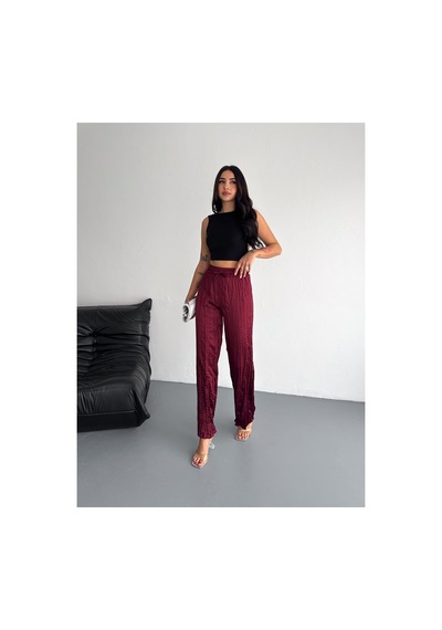 Gugus Kadın Saten Pantolon Trend Wide Leg Model Bordo