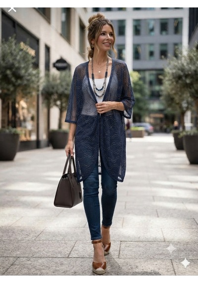 Lacivert Gold Detaylı Örme Kimono