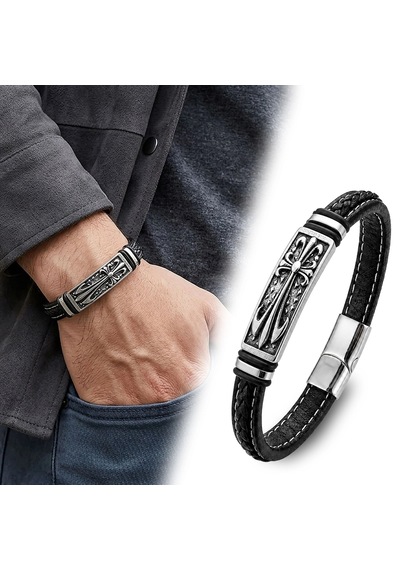 Moncuk Design Fleur De Lis Motifli Çelik Kilitli Siyah Deri Erkek Bileklik 33511b8d1