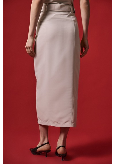 Sateen Jessi Yırtmaçlı Etek - Bej-137285