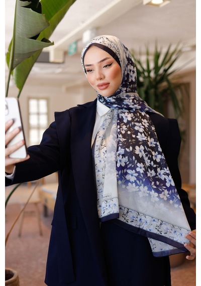 Mimiyum Lemon Flower Nayf İpek Şal - Lacivert