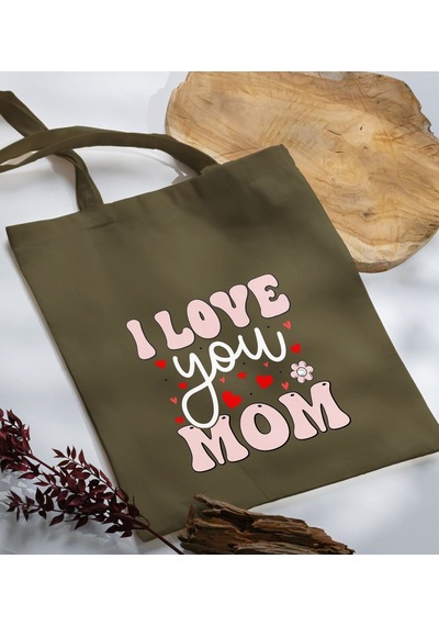 Bk Gift Anneler Günü Tasarımlı Haki Kumaş Bez Çanta, Baskılı Omuz Çantası, Alışveriş Çantası, Anneler Günü Hediyesi, Anneye Hediye-2 Çok Renkli
