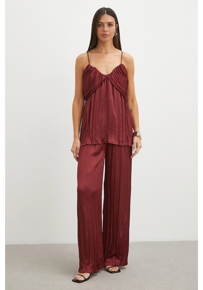 Uterpe Mürdüm Pliseli Saten Pantolon Bordo