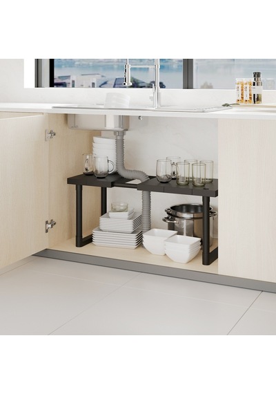 Ayarlanabilir Dolap Lavabo Altı Düzenleyici Raf Siyah