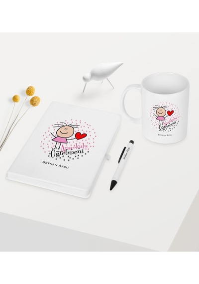 Kişiye Özel Anaokulu Öğretmeni Temalı Beyaz Defter Kalem Kupa Set N11.3877