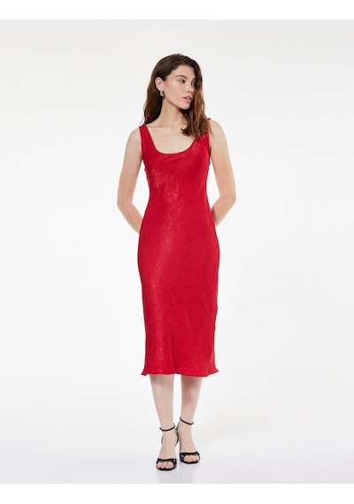 Koton Slim Fit Kolsuz U Yaka Kalın Askılı Uzun Saten Elbise Kırmızı 6wak80025uw Kırmızı