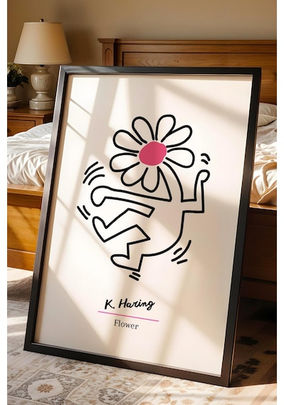 Keith Haring Flower Çerçeveli Tablo - Dans Eden Çiçek - Eklektik Tarz Duvar Dekoru