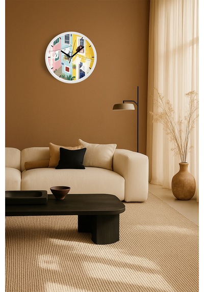Penceredeki Kadın Ve Renkli Evler Modern Duvar Saati - 42cm - Önü Camlı Beyaz Kasa Beyaz