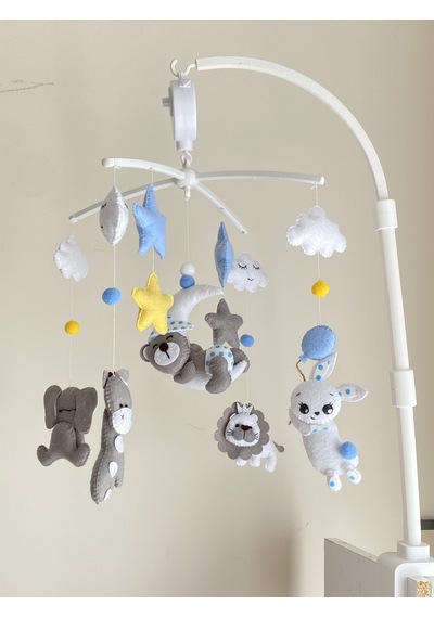 Kurmalı Müzikli Bebek Odası Dönence Karışık Hayvan Figürlü Mavi