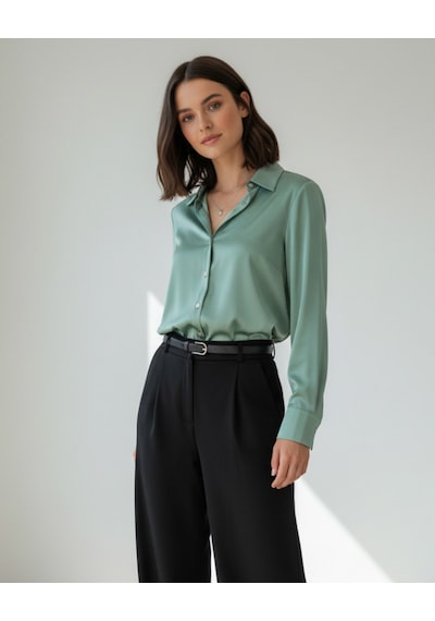 Pera Moda Saten Yüzeyli Fitted Gömlek Çağla