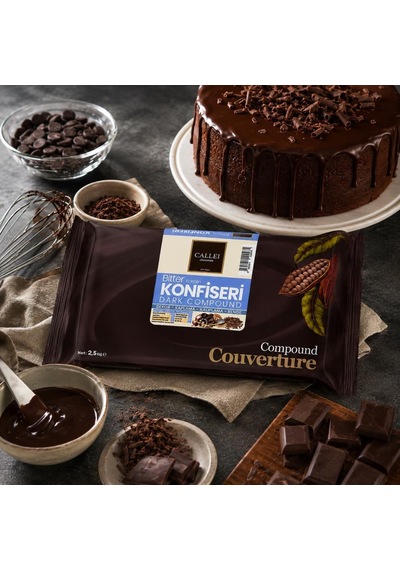 Callei Chocolate Bitter Konfiseri Kokolin Blok 2,5 Kg Pasta, Tatlı Ve Profesyonel Çikolata Kaplama İçin Yoğun Aromalı Bitter Kokolin