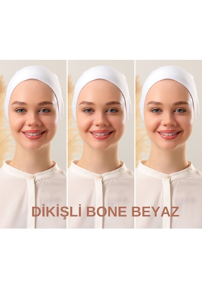 Melodi Scarf Kadın Tesettür Dikişli Set Bone Beyaz 3 Adet Bağlamalı Penye Bone Beyaz