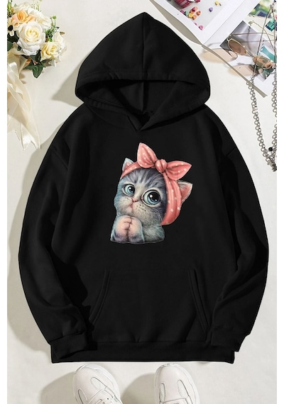 Uyguntarz Unisex Sevimli Kedi Sweatshirt siyah