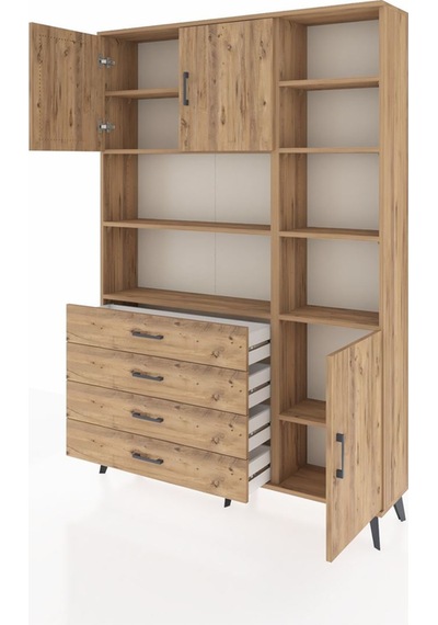 Arges Dolap 9 Raflı 4 Çekmeceli 3 Kapaklı 132x30x195 Çam-çam/çam Çam