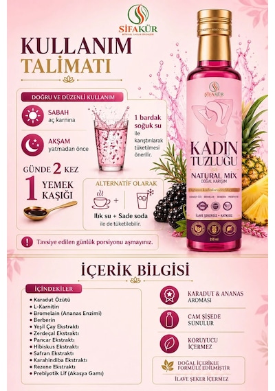 Kadın Tuzluğu Şurubu Natural Mix 250 ml – Bromelain, Berberin ve Karadut İçeren