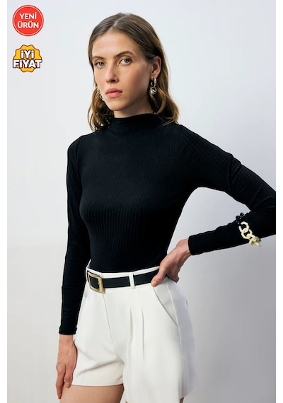 Kadın Çıtçıtlı Dik Yaka Uzun Kollu Basic Body Rahat Fit, Yeni Sezon, Kadın Body Siyah