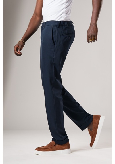 Ecer Slimfit Beli Yarım Lastikli Likralı Duble Paça Yazlık Kumaş Pantolon Lacivert