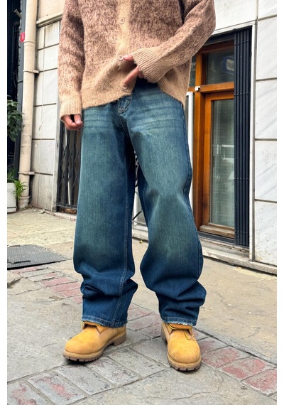 Flaw Eskitme Model Çizgili Baggy Jean Mavi Mavi