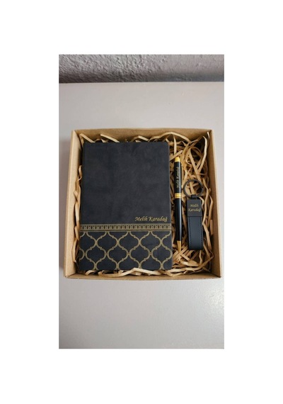 Kişiye Özel Ajanda Set Vıp Desenli Defter & Kalem & Anahtarlık Set - Lacivert Siyah Siyah