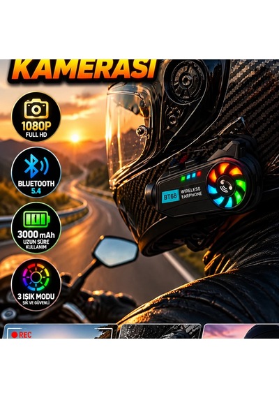 1080p Bluetooth 5.4 Kask Kamerası 3000 Mah Batarya Ve 3 Işık Modu