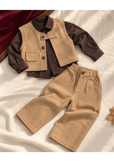 Kız - Erkek Çocuk Unisex Model Retro Kaşe Alt Üst Takım -gömlek Pantolon Yelek 3 Parça Kahverengi Kız - Erkek Çocuk Unisex Model Retro Kaşe Alt Üst Takım -gömlek Pantolon Yelek 3 Parça Kahverengi