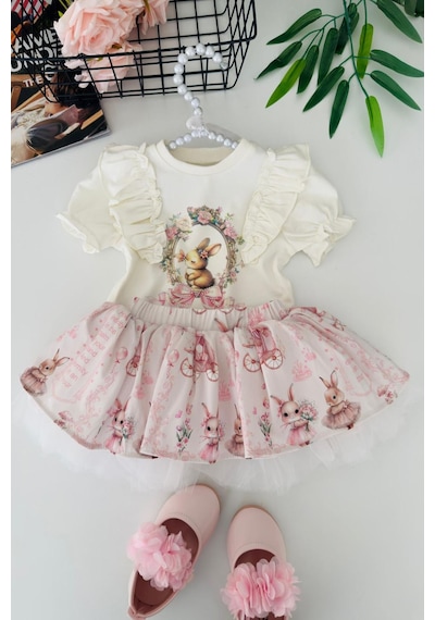 Miniğimin Cicileri Vintage Tavşan Detaylı Firfırlı Kız Bebek ... Ekru