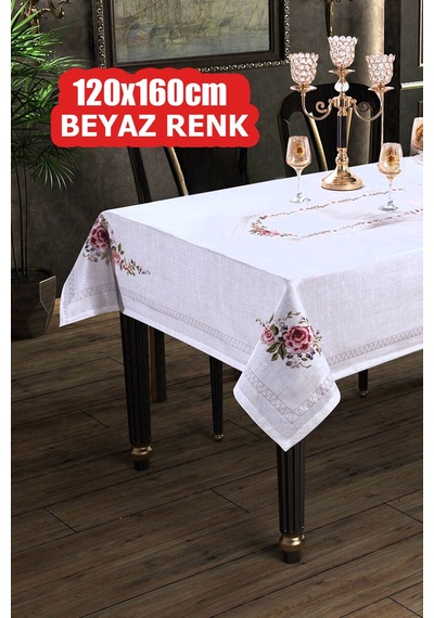 Dijital Baskılı Kanaviçe Tek Masa Örtüsü 120x160cm Beyaz Diğer