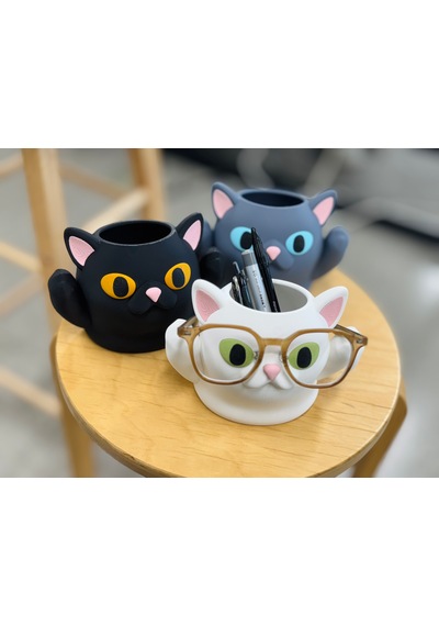Kedi Tasarımlı Gözlük Ve Kalemlik Standı Çok Amaçlı Masaüstü Organizer 17x12x12cm Gri