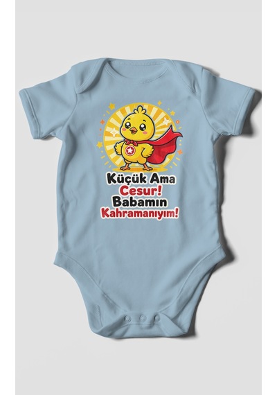 Morivokids Küçük Ama Cesur Babamın Kahramanıyım Kısa Kollu Bebek Body %100 Pamuk Bebe Mavisi