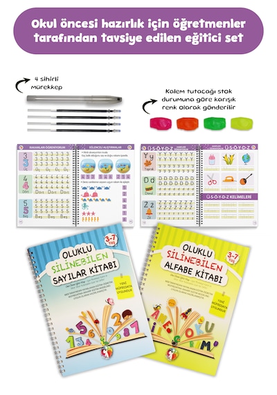 Oluklu Silinebilen Yazı Kitabı Seti Alfabe + Sayılar Sihirli Kalemli Kabartmalı Yaz-sil 3 6 Yaş