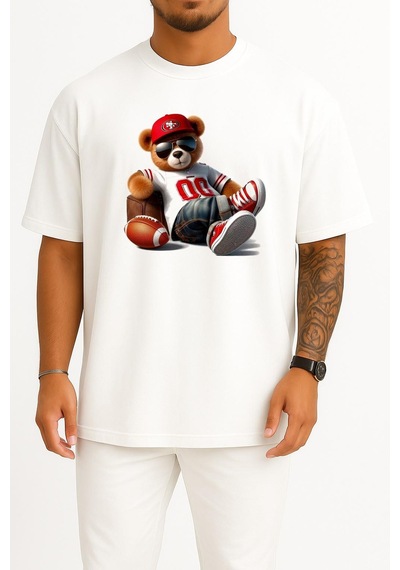 Bahriyeli Collection Oversize Havalı Teddy Ayıcık Göğüs Tasarımlı Unisex T-shirt Beyaz
