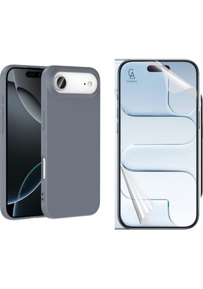 Apple Uyumlu iPhone 17 Air Içi Kadife Lansman Kılıf Ve Seramik Tam Kaplayan Cam Ekran Koruyucu Gri