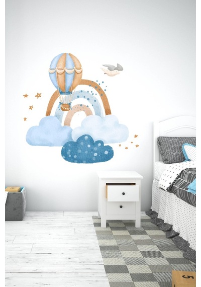 MSticker Sevimli Bulutlar Gökkuşağı Ve Uçan Balon Mavi Çocuk Odası Sticker