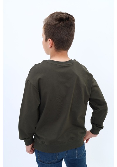 Toontoy Kids Toontoy Erkek Çocuk Pamuklu Bisiklet Yaka Baskılı Basic Sweatshirt 22996 Haki