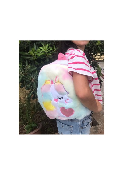 Unicorn Desenli Peluş Sırt Çantası Mavi Çok Renkli
