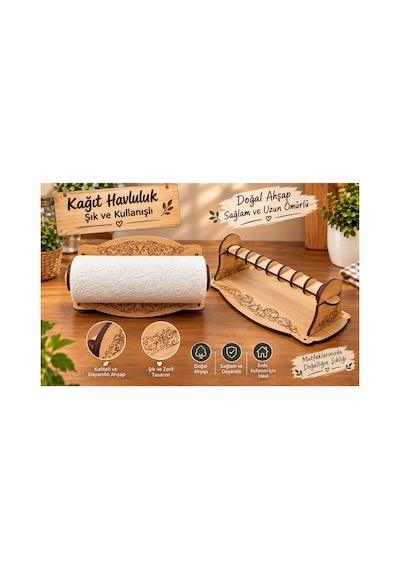 Desenli Ahşap Kağıt Havluluk Standı Lazer Kazıma Dekoratif Mutfak Havlu Tutucu 28 X 18 Cm Diğer