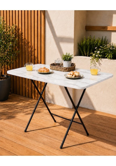 Katlanır Masa 60x90 Cm Yemek Masası Balkon Masası Beyaz Mermer