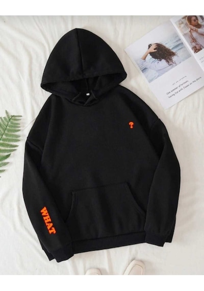 Hunors Sportswear & Company What Baskılı Unisex Model Pamuklu Kapüşonlu Sweatshirt SIYAH