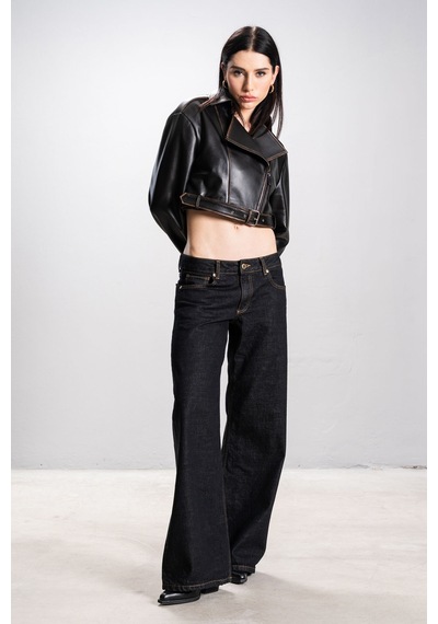 Dericlub Lenora Kadın Silme Cropcut Biker Hakiki Deri Mont Siyah/taba Siyah