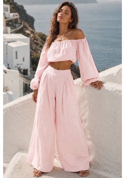 Madmext Pembe Madonna Yaka Bluz Bol Paça Pantolon Kadın Takım Mg2863