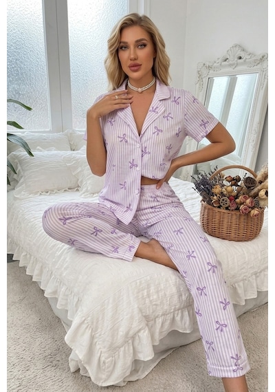 Bella Notte Lila Soft Fiyonk Desenli Yazlık Pijama Takımı Mor