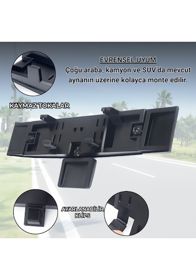 Polham Kavisli Ultra Geniş Araç İçi Dikiz Aynası Ekstra Yan Ve Kör Nokta Aynalı, Tüm Araçlara Uyumlu