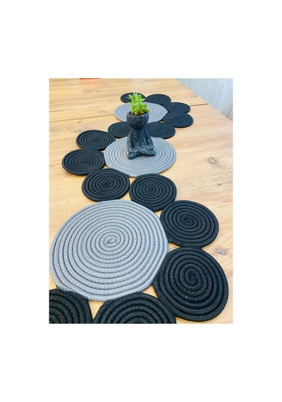 Jüt, Hasır, Dekoratif Masa Örtüsü,papatya Model Runner 40x110 Cm, Sehpa Örtüsü, Bohem Tarzı Gri Siyah Gri Siyah
