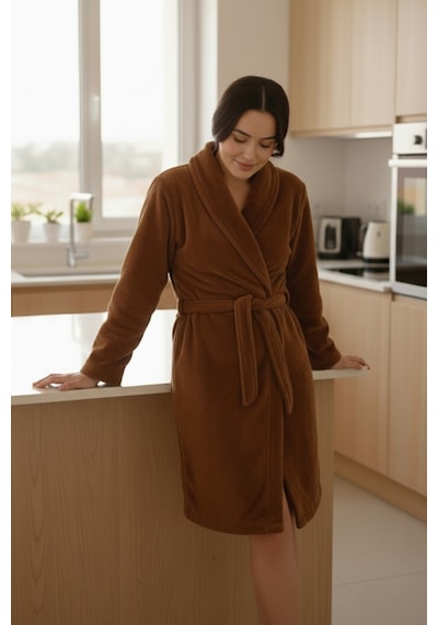 Mislina Home Lumor Şal Yaka Wellsoft Peluş Yumuşak Sabahlık Kahverengi Kahverengi